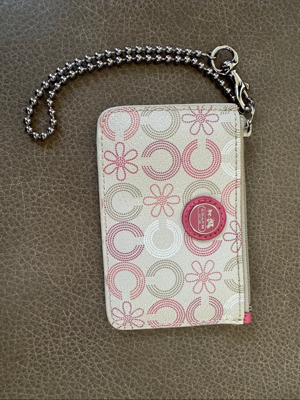 Coach Pink and Ivory Patterned card holder with Chain Strap